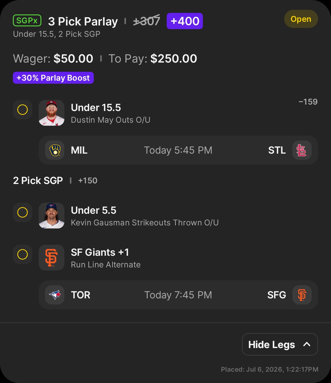 ⚾ DraftKings MLB Parlay Boost ⚡ Small slate and taking this one conservative, so