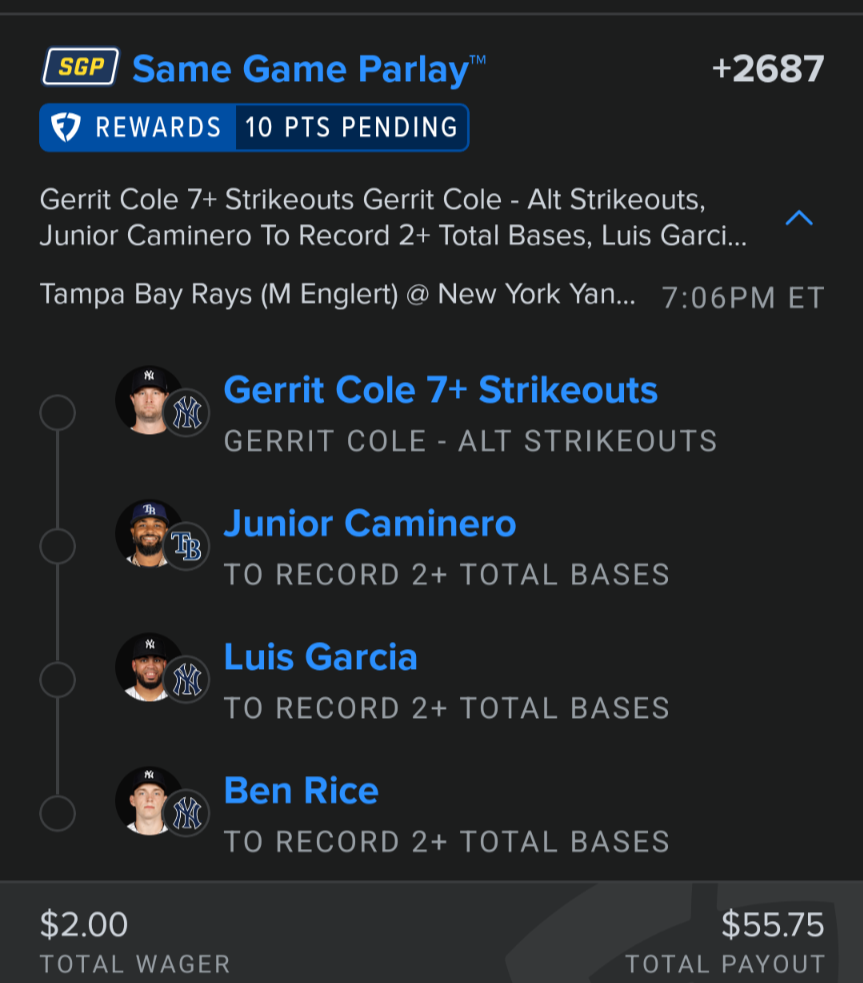 Yanks Rays Total bases and Cole Whiffs