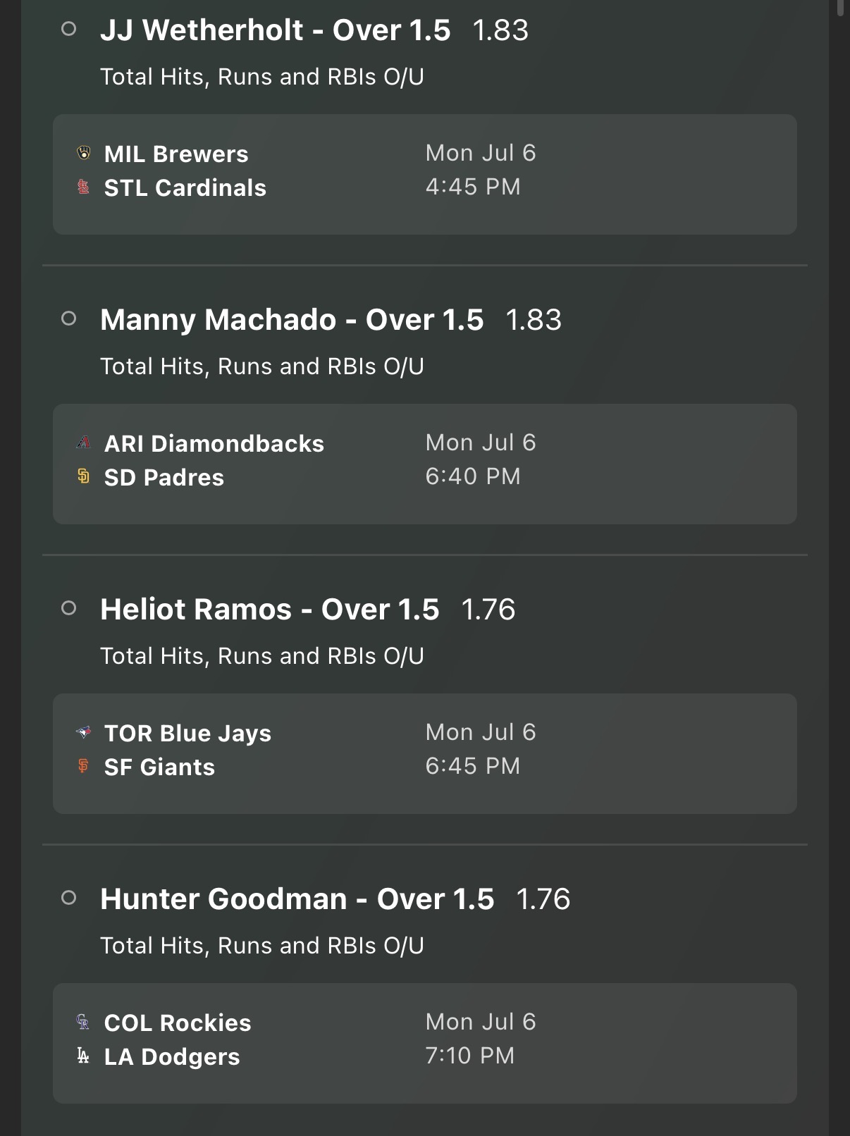 MLB 07/06/2026 Parlays 1/2/3 ⚾️+952 4 x HRR’s .5U ⚾️+2000 Pages/Devers .25U ⚾️+2