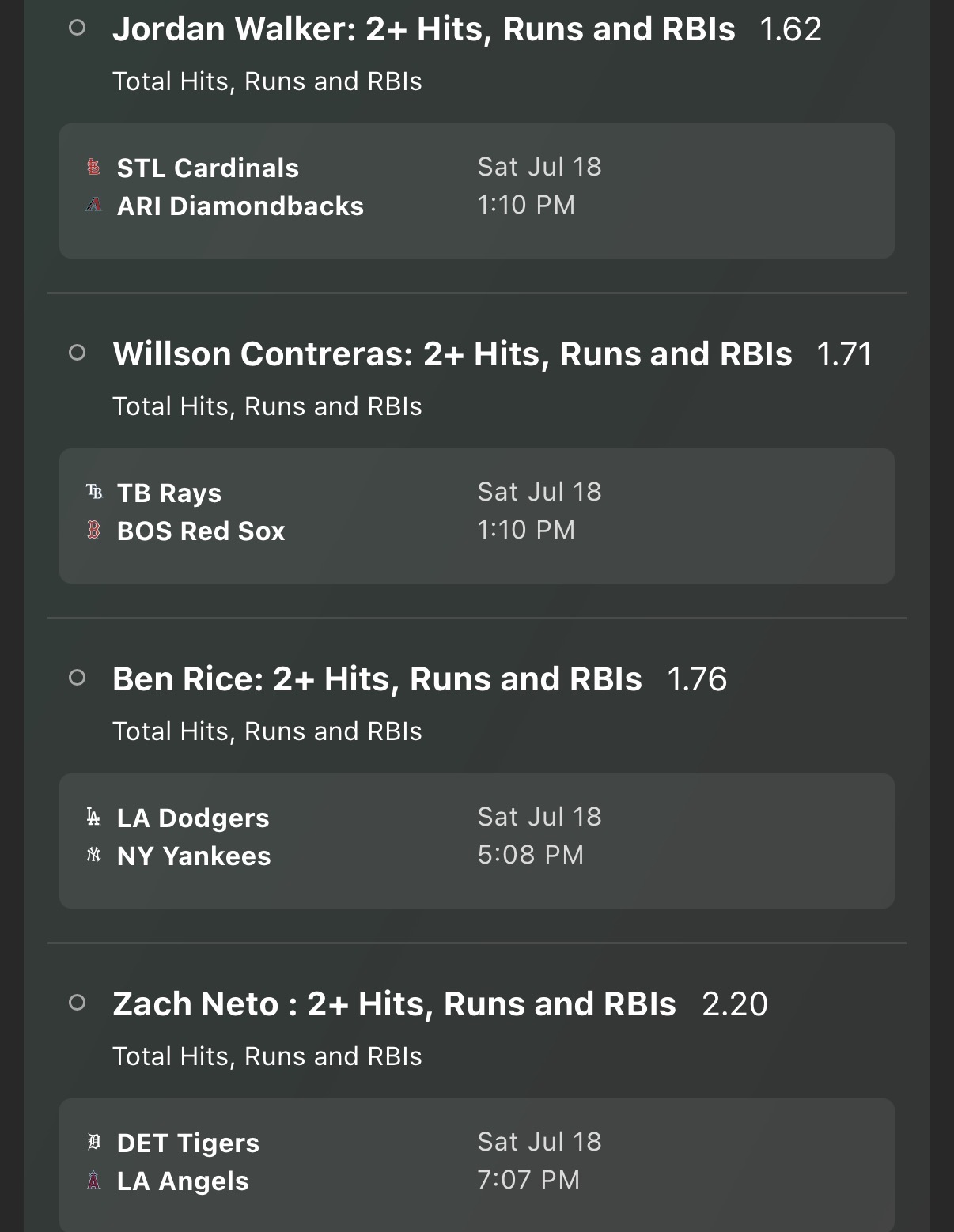 MLB 07/18/2026 Parlays 1/2/3/4/5 Props ⚾️+984 4 x HRR’s .5U ⚾️+948 3 x RBI’s .5U