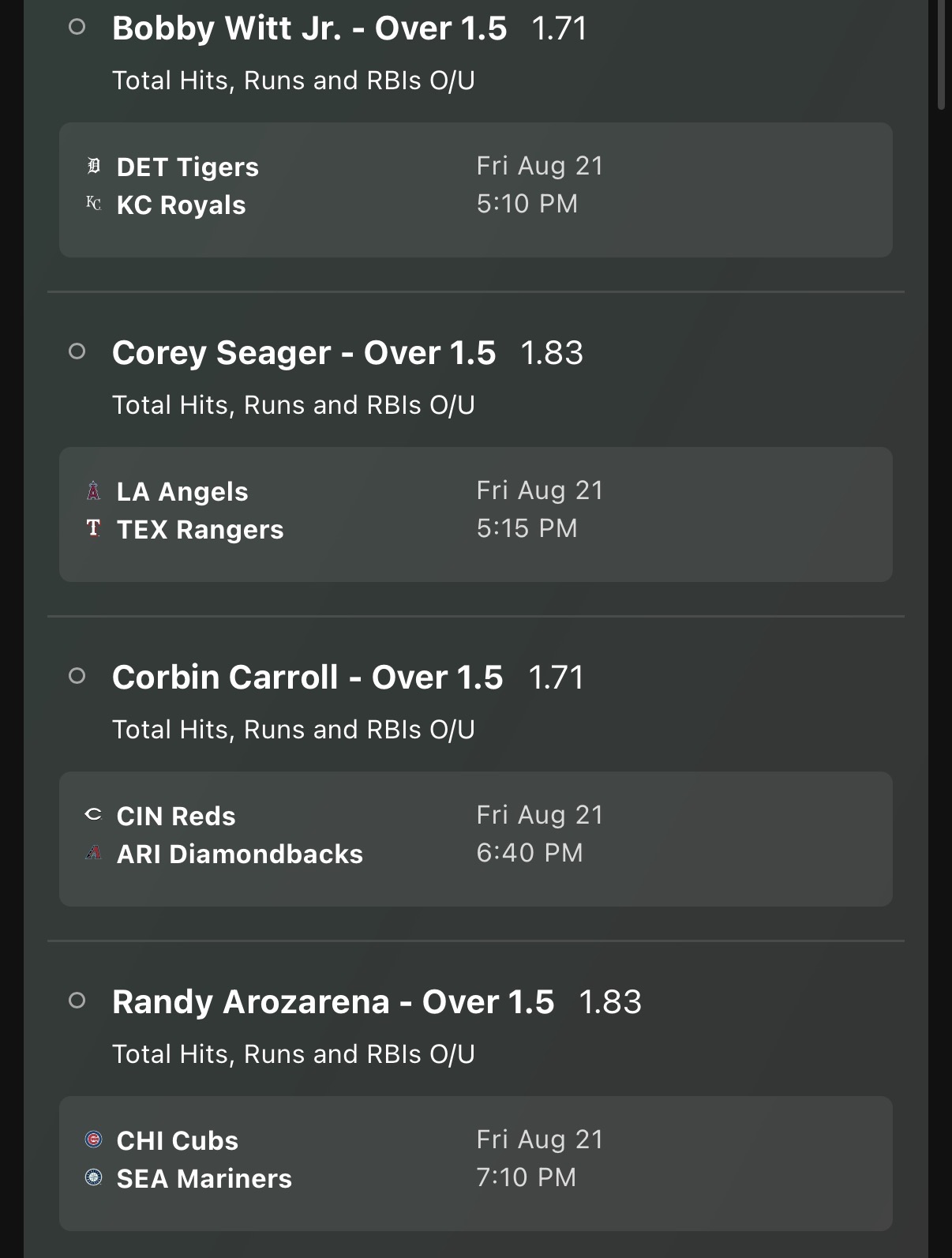 MLB 08/21/2026 Parlays 1/2/3 Looking like a righties day, let’s get this 🍞 going