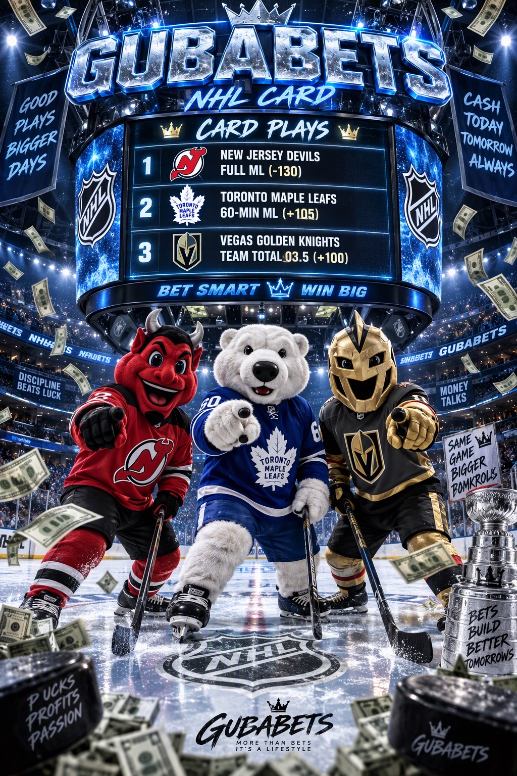 NHL card! Devils ML -130 Maple leafs 60 min ML +105 Vegas TT O3.5 +100