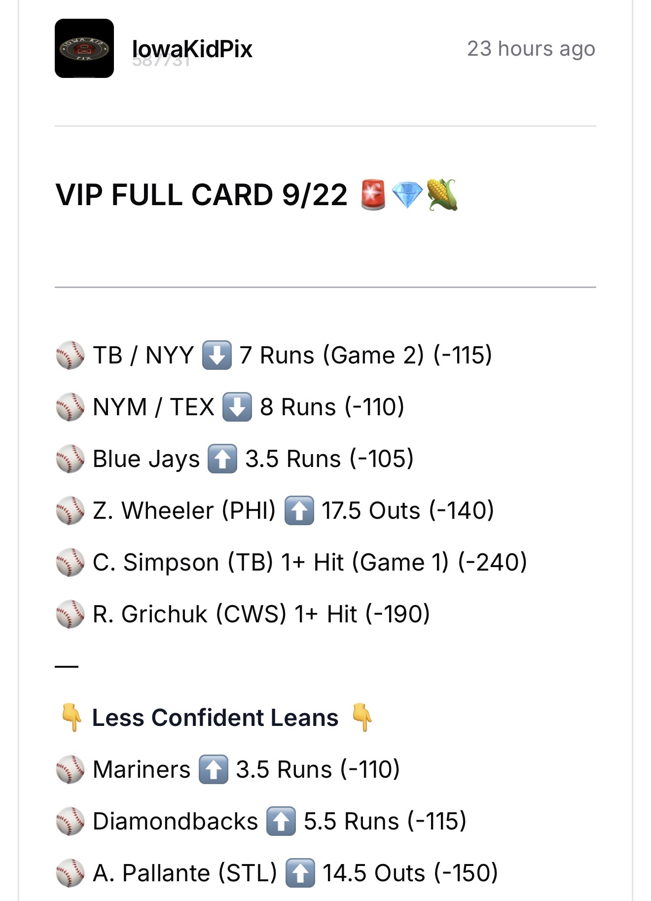 VIP CARD + REVIEW 9/22 📝💎🌽 ⭐️ 5 - 3 (63%) 💸🤝 ➡️ Wheeler Gets Pulled One Out Away