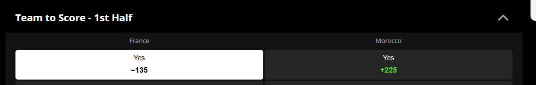 World Cup France / Morocco Olise Anytime Goal +330 DK .5U France to Score in 1H