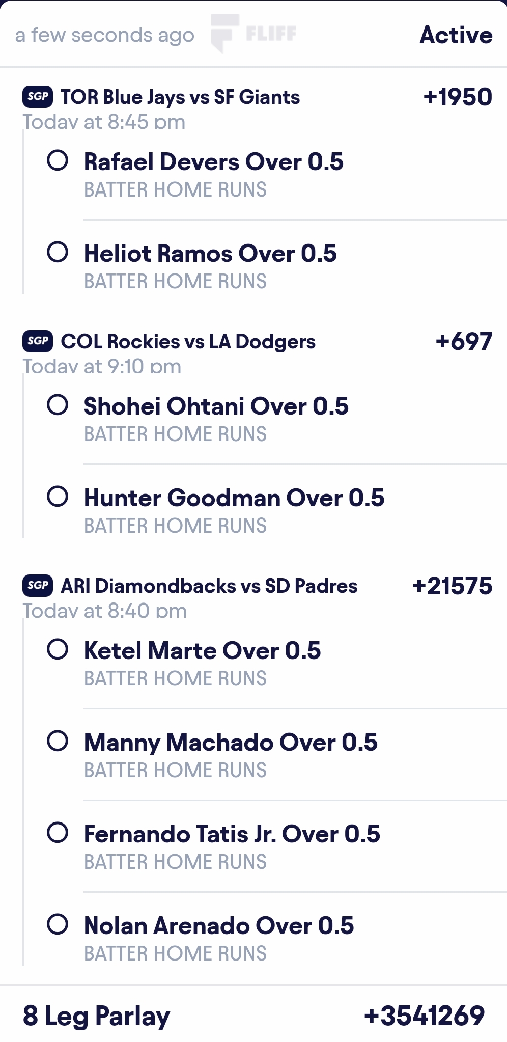 8-leg Home Run parlay tonight 👇⚾ ⚾ Rafael Devers O 0.5 HR ⚾ Heliot Ramos O 0.5 H