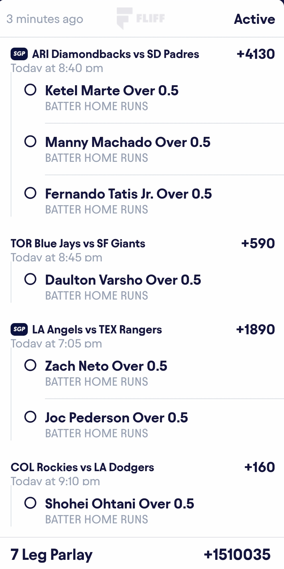 7-leg Home Run parlay tonight 👇⚾ ⚾ Ketel Marte O 0.5 HR ⚾ Manny Machado O 0.5 HR