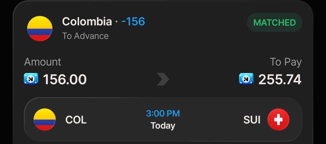 Colombia 🇨🇴 vs. Switzerland 🇨🇭 NoVig -156 1 Unit Vamos Colombia 🇨🇴 Last Play, ev