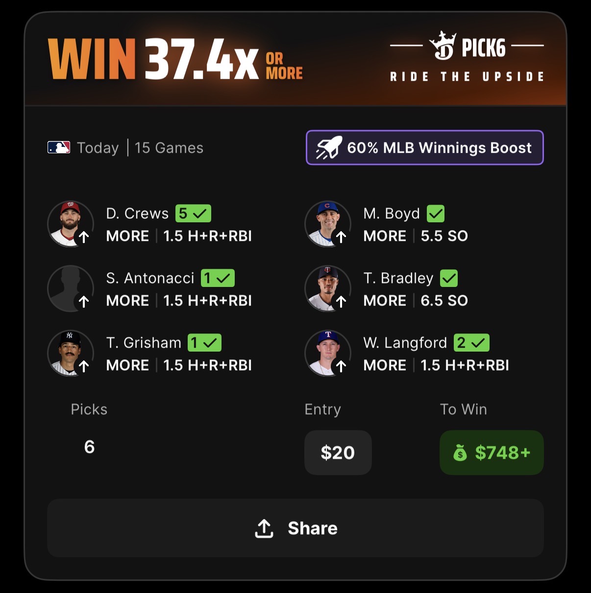 👑 DK Pick6 7/12 👑 60% winnings boost on a 6-pick play? Quite useful. 0.2u.