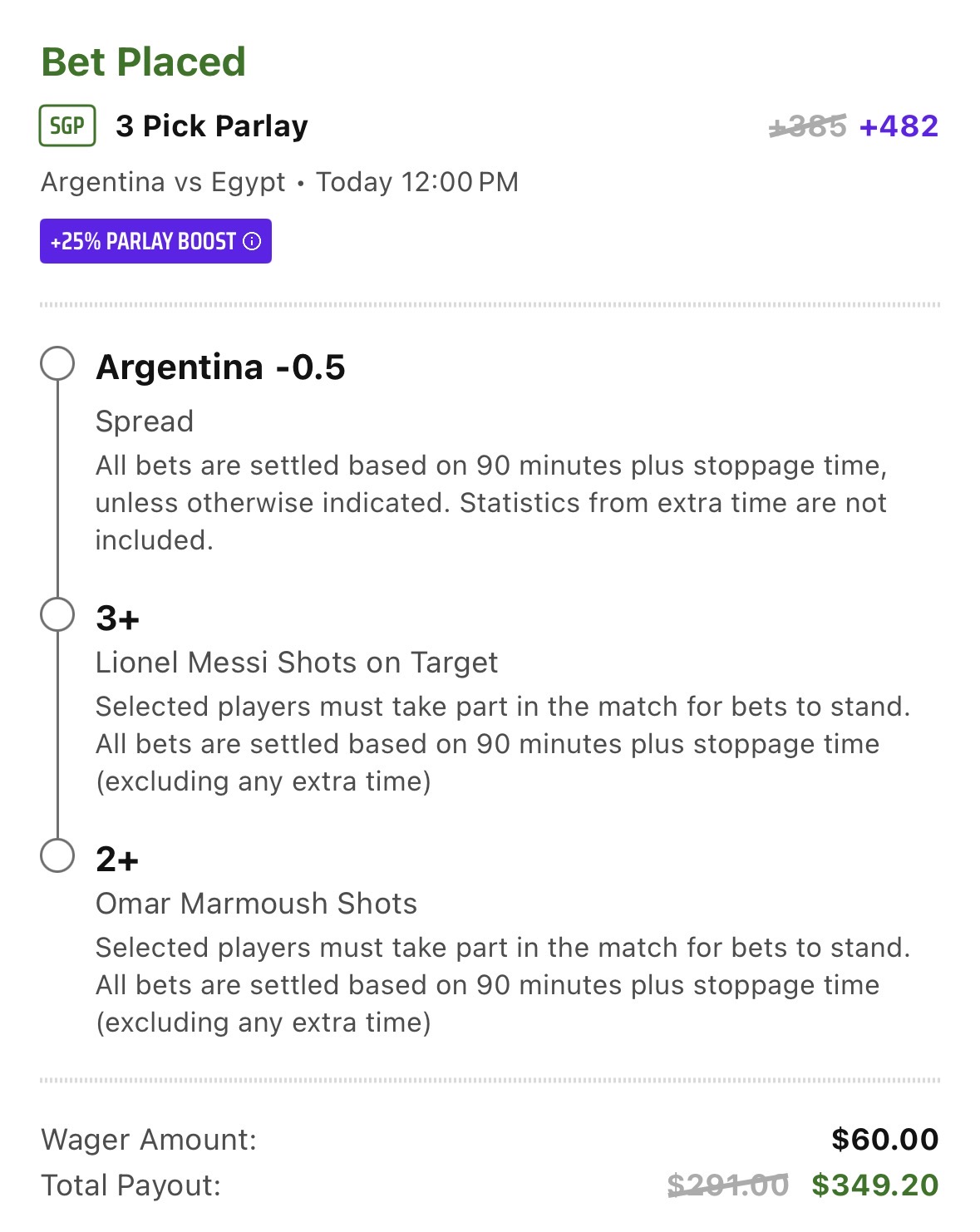 ⚽ World Cup 3-Leg SGP (+482) DraftKings • 25% World Cup Boost Argentina vs Egypt