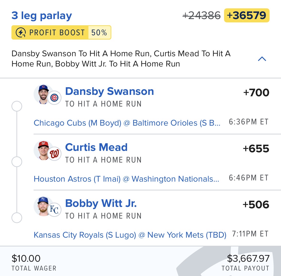 ⚾️ 3-Leg HR Lotto (+36579) FanDuel | 50% HR Boost ▪️ Dansby Swanson 1+ Home Run