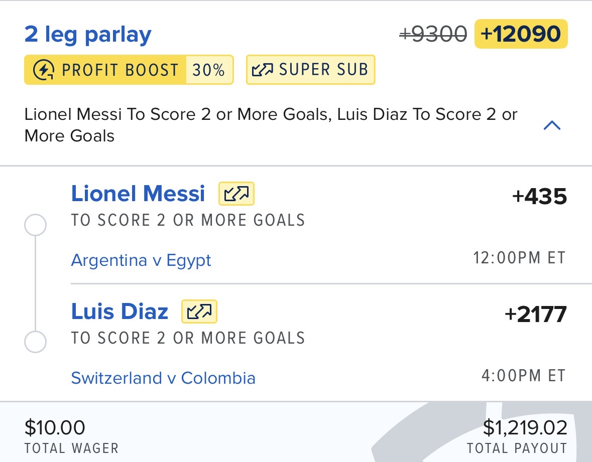 ⚽ World Cup 2-Leg Goal Parlay (+12090) FanDuel • 30% WC Boost ▪️ Lionel Messi 2+