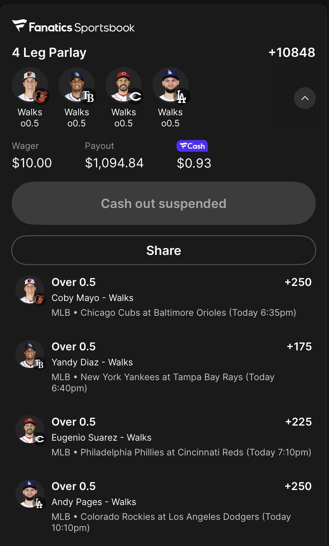 ⚾️ 4-Leg MLB Walks Lotto (+10848) Fanatics ▪️ Coby Mayo Over 0.5 Walks (CHC @ BA
