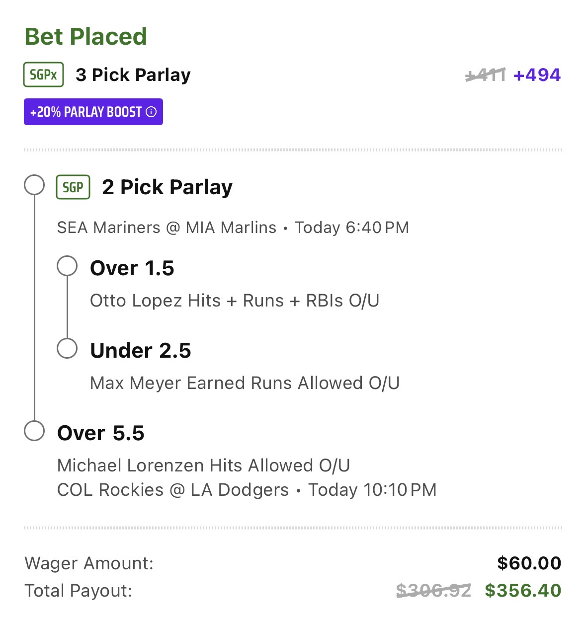 ⚾️ MLB 3-Leg Parlay (+494) DraftKings • 20% MLB Parlay Boost SEA @ MIA | 6:40 PM