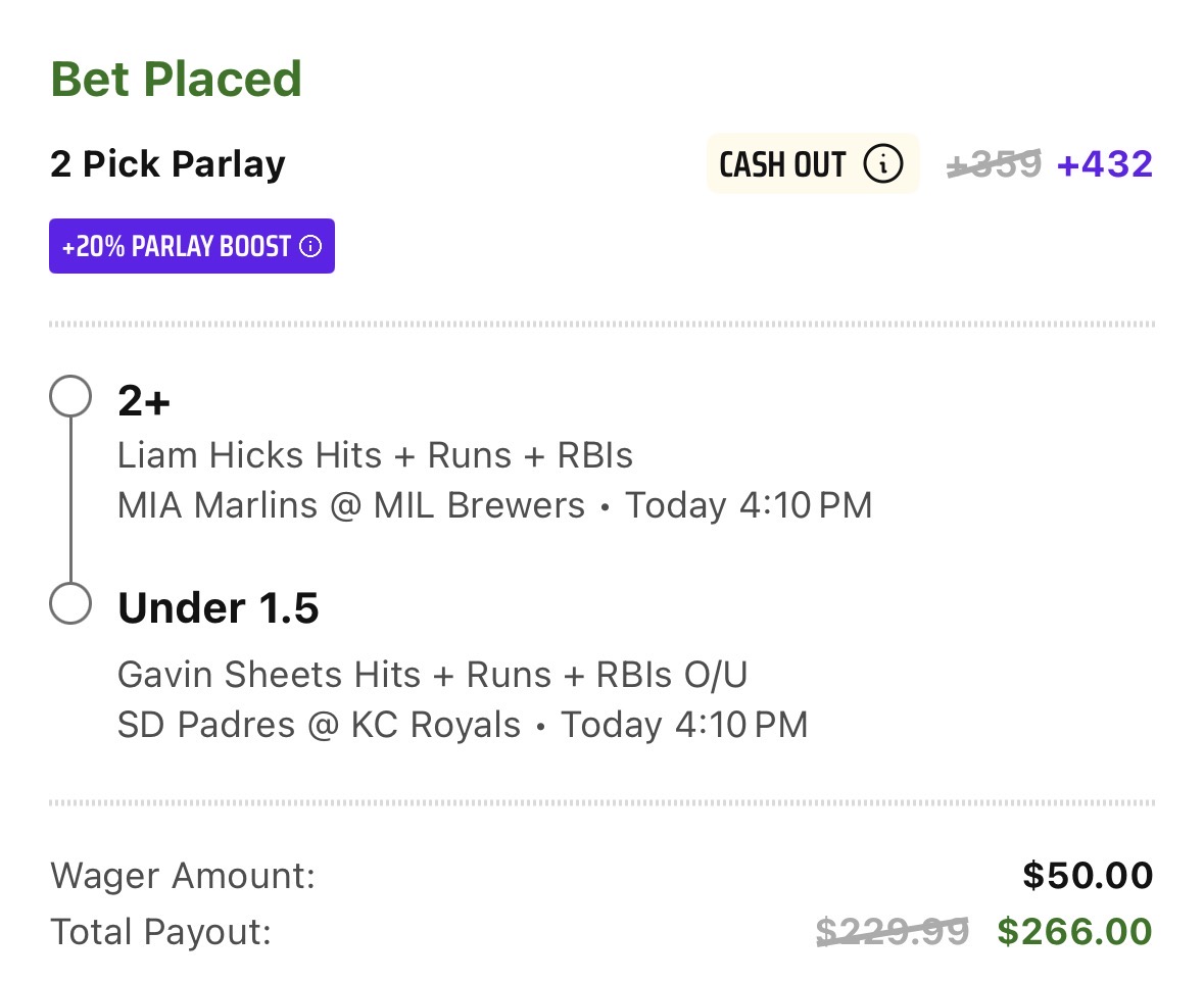 ⚾️ MLB 2-Leg Parlay (+432) DraftKings • 20% All-Purpose MLB Boost Miami Marlins