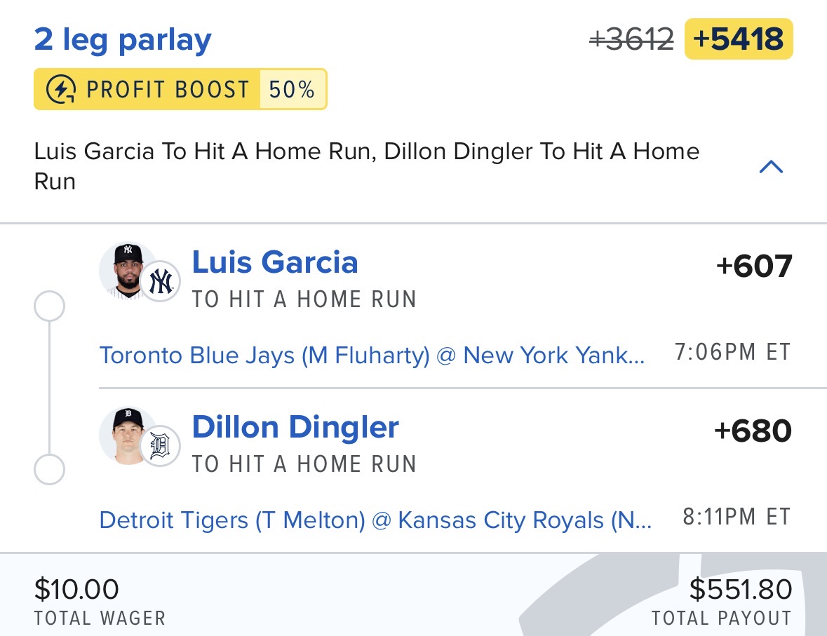 ⚾️ FanDuel HR Parlays (3) • 50% Profit Boost 3 × $10 tickets Slip 1 (+5418) ▪️ L