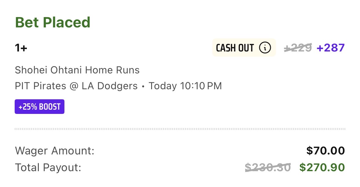 ⚾️ Shohei Ohtani 1 HR (+287) DraftKings • 25% Home Run Boost PIT @ LAD | 10:10 P