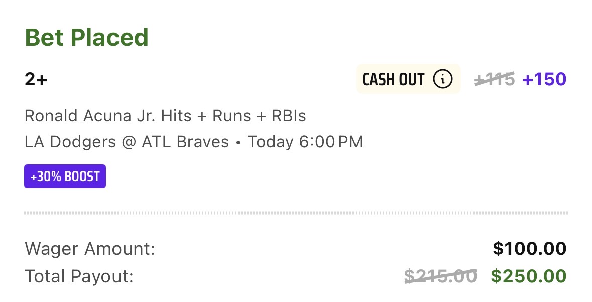 ⚾ Ronald Acuña Jr. 2+ H+R+RBI (+150) DraftKings • 30% Boost Jacks or Aces LAD @