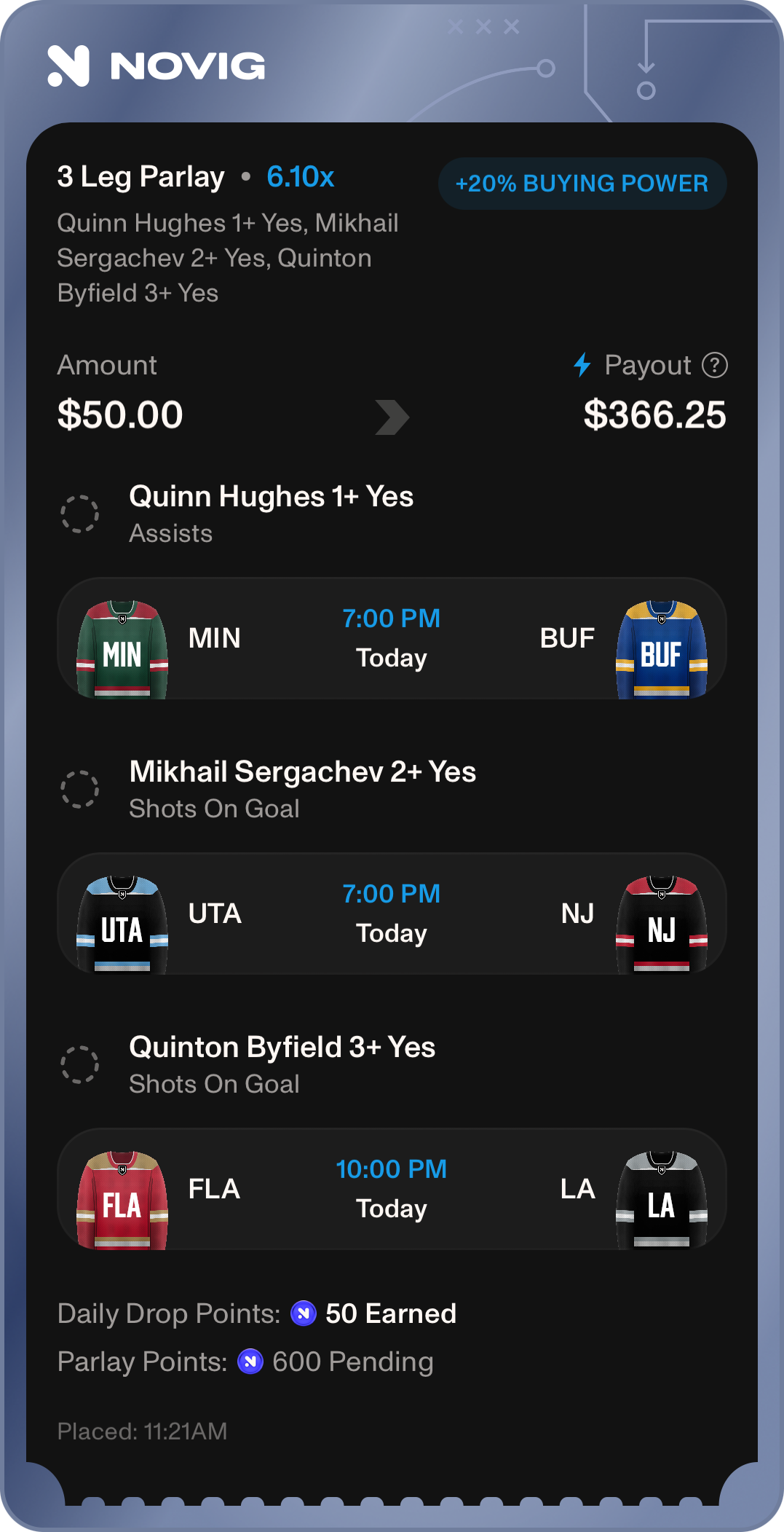 🏒 NHL Parlay (+633) NoVig • 20% Buying Power MIN @ BUF | 7:00 PM ▪️ Quinn Hughes