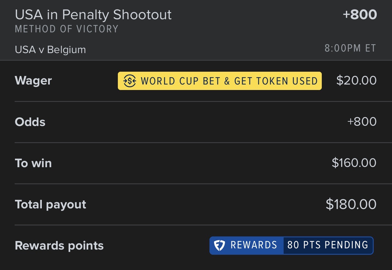 World Cup: Team USA to Win in Penalty Shootout (+800) I don’t bet soccer but GOD