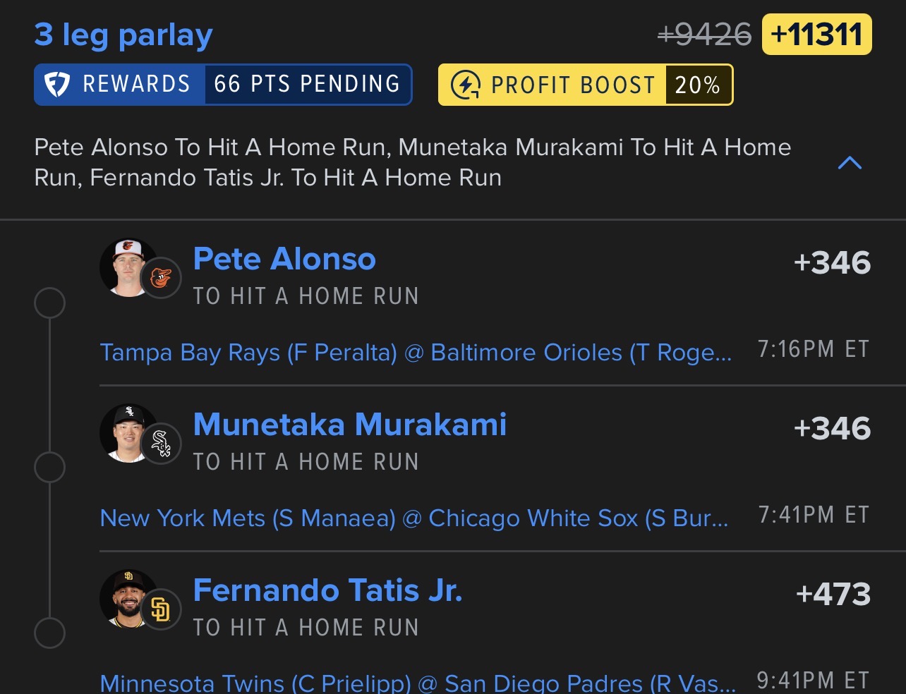 MLB ⚾️ Ball Go Boom 💣 (+11311) Alonso x Murakami HR (+1664) Alonso x Tatis HR (+