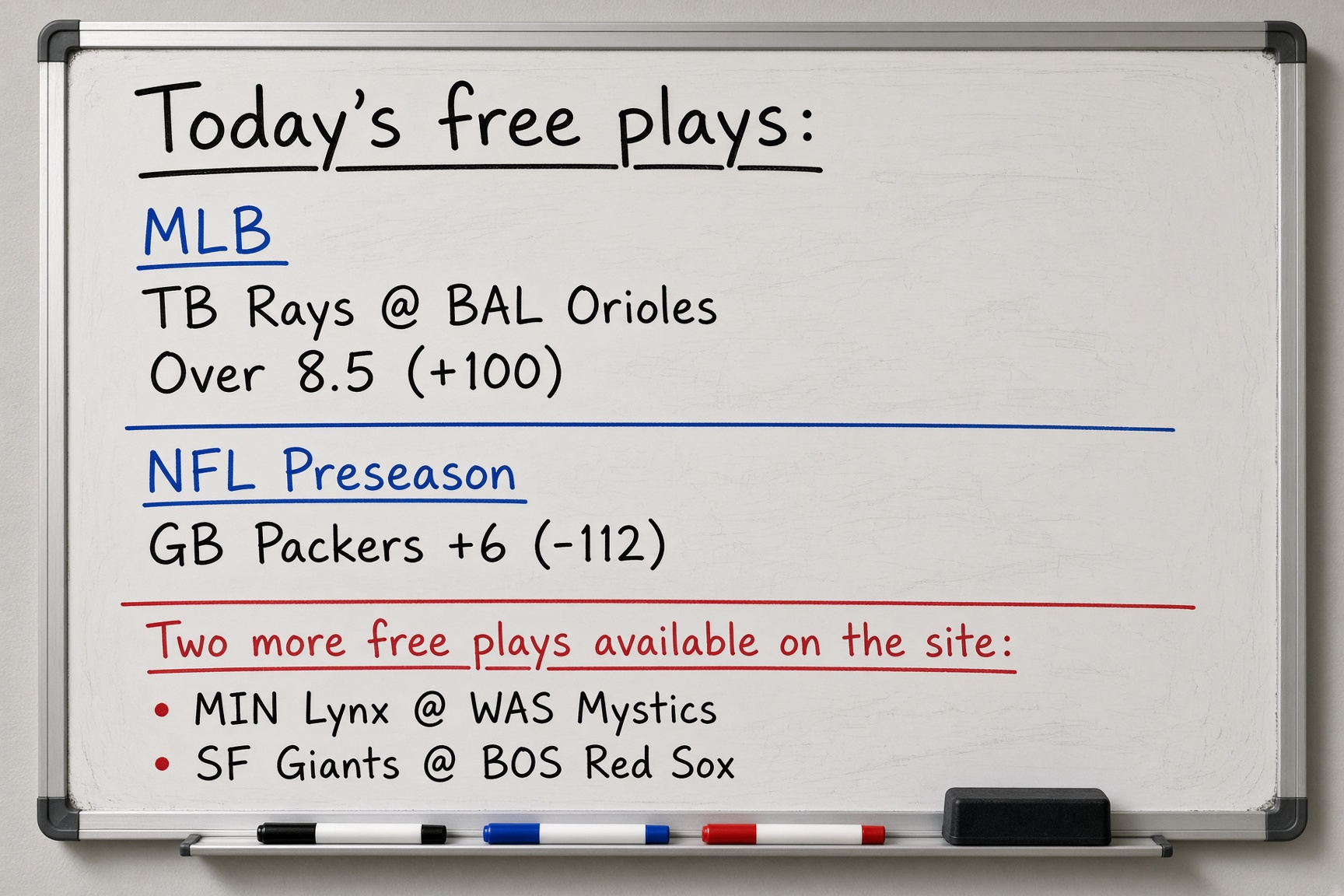 Yesterday’s free plays: 2-2 August record: 30-30-1 Today’s free plays: MLB TB Ra