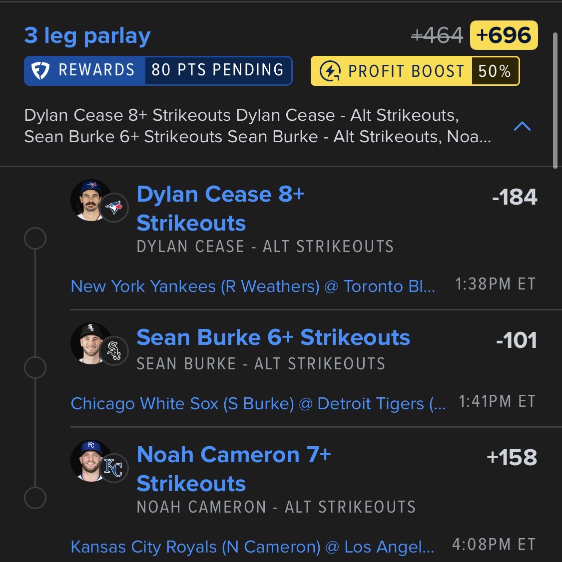 💰 6-7-8 K’s Parlay Cease the 3rd best matchup, has 9 K’s in 2 starts vs NYY this