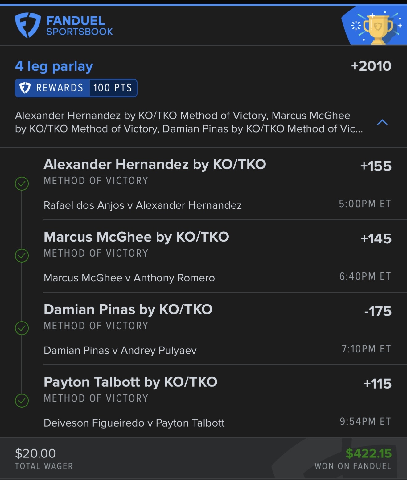 UFC 332 +12.32U Straight betting profit Cashed +861 Lotto and +2010 Lotto What a
