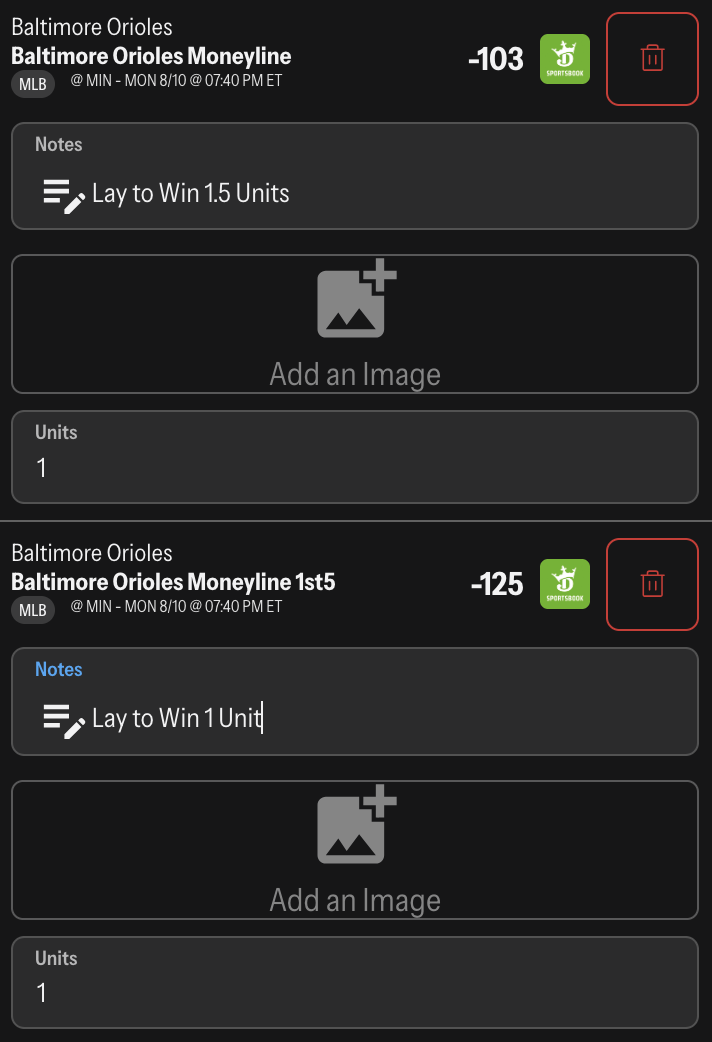 BAL Orioles -103 Risk 1.55 Units to Win 1.5 Units BAL Orioles 1st 5 -125 Risk 1.