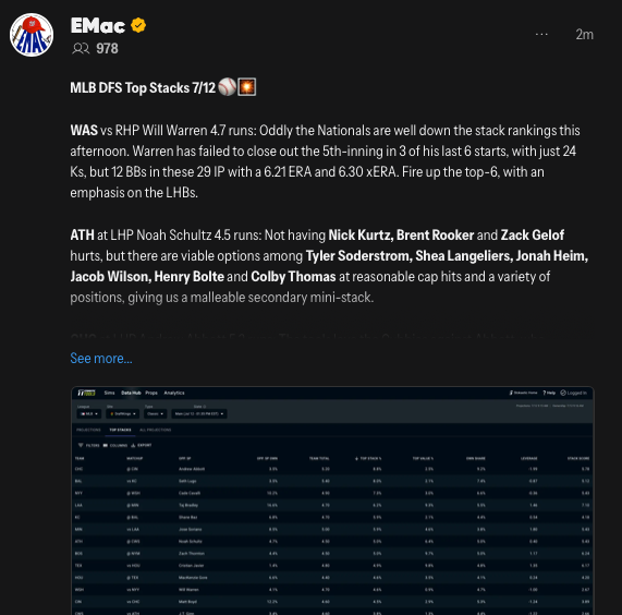 MLB DFS 7/12 Summary ⚾️🔮👀 Click on the links below or follow me and filter to ea