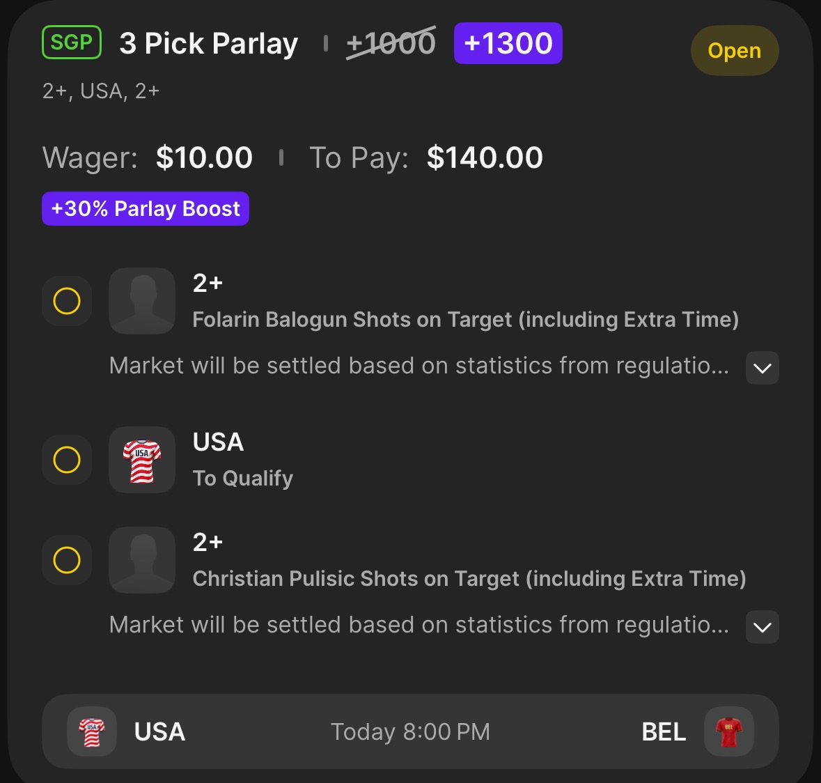 1u parlay for the US game tonight