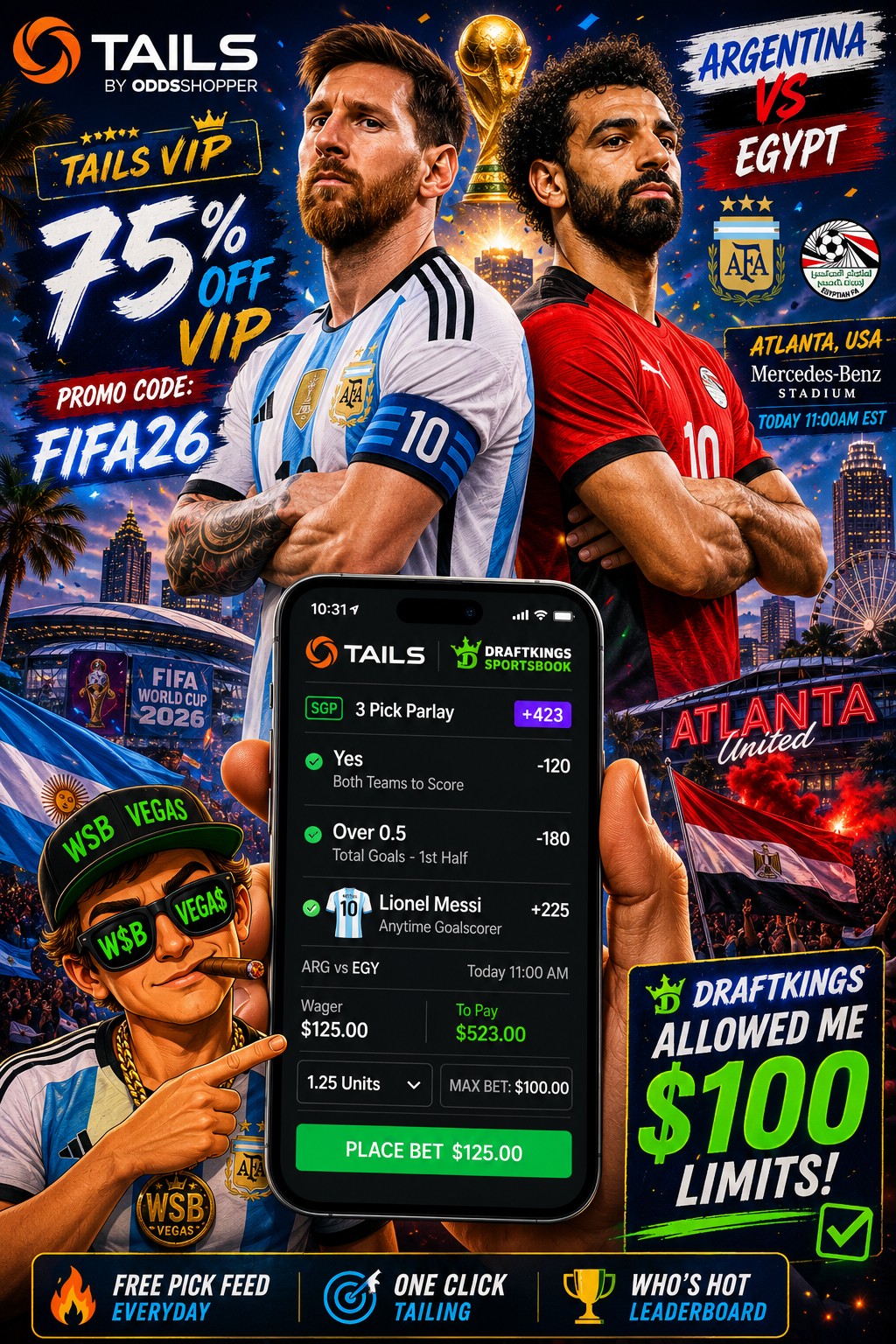 Argentina 🇦🇷 vs. Egypt 🇪🇬 $100 Limits here!! DraftKings Parlay Boost 30% +423 (F
