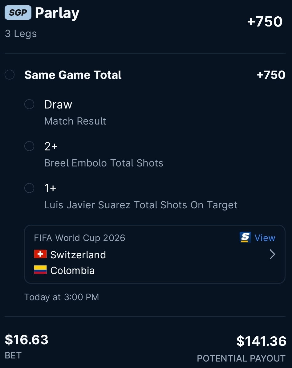 Colombia 🇨🇴 vs. Switzerland 🇨🇭 TheScore Bet Parlay +750 (FV +719) Use a boost if