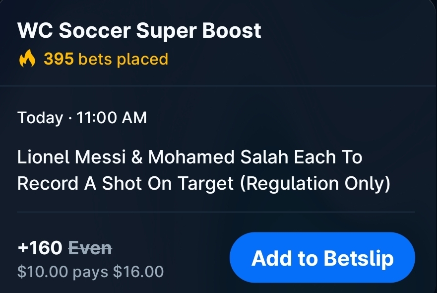 Argentina 🇦🇷 vs. Egypt 🇪🇬 TheScore Bet Boost Salah x Messi +160 (FV +138) 1.48 U