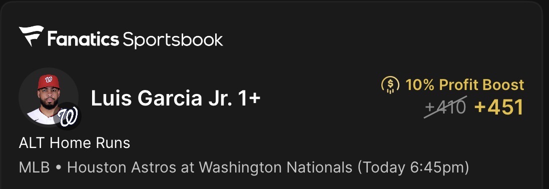💣 Luis Garcia Jr. HR +410* 0.25 unit *I used a boost to get it to +451,