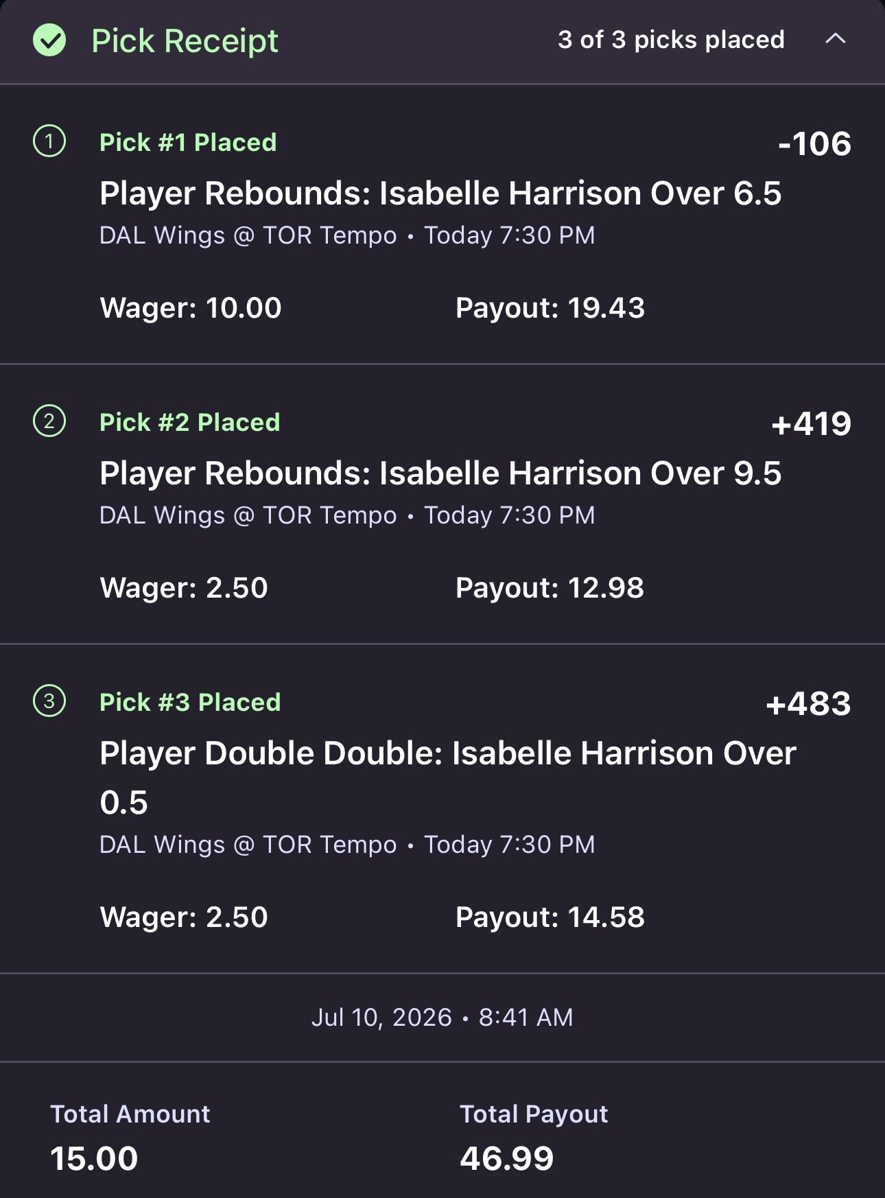 🏀WNBA Onyx Odds Play #1 7/10🏀 Isabelle Harrison Over 6.5 Rebounds (-106) 1u Alts