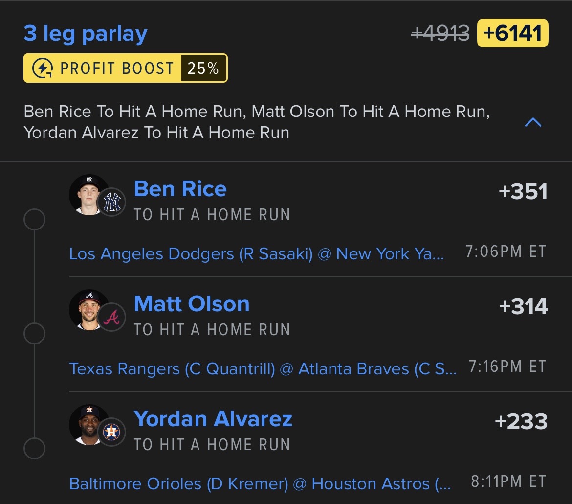 Friday Bombs 💣 Home Run #1 FanDuel +6141 (Boosted 25%) Alvarez and Rice are my t