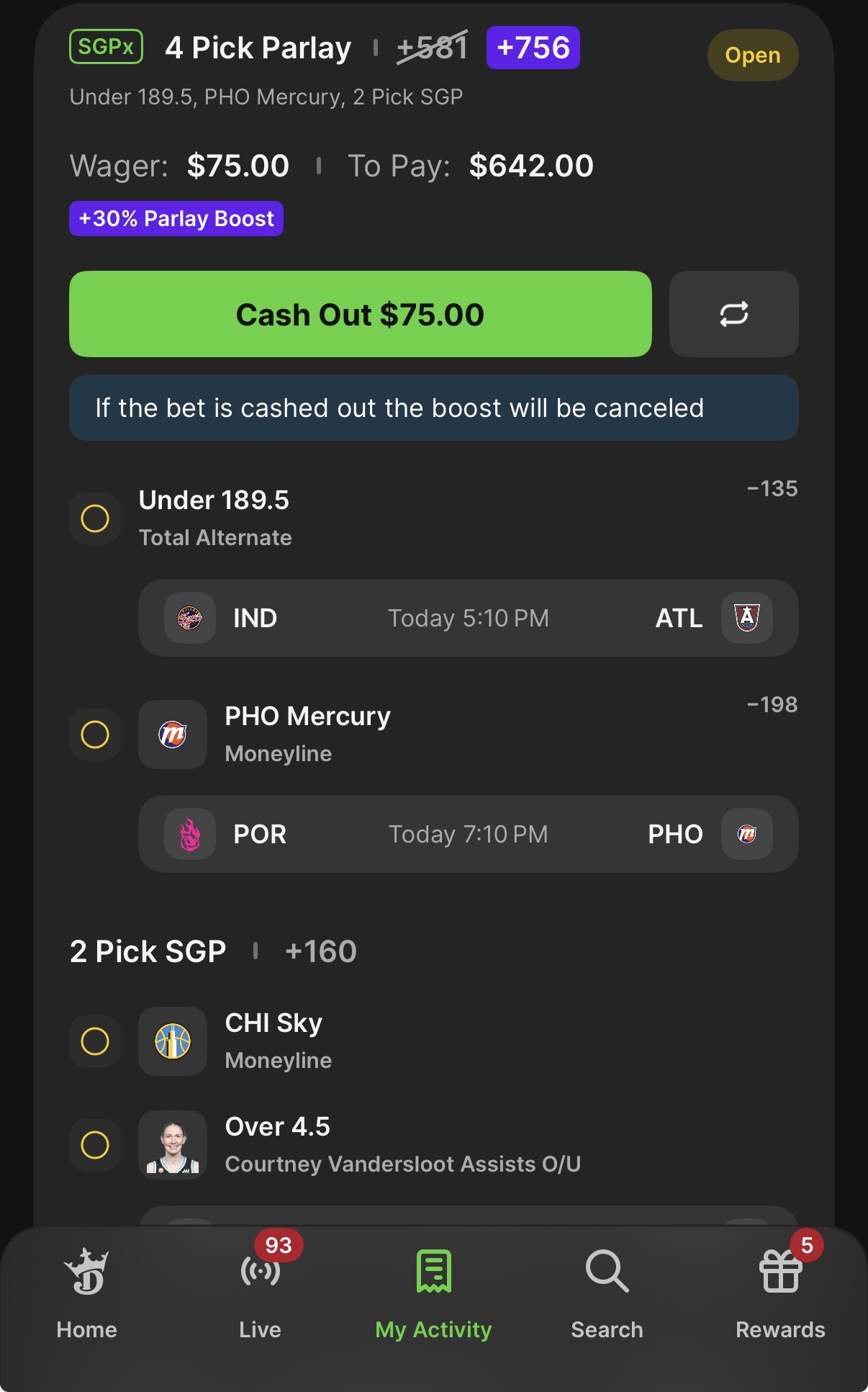 DraftKings WNBA parlay boost.