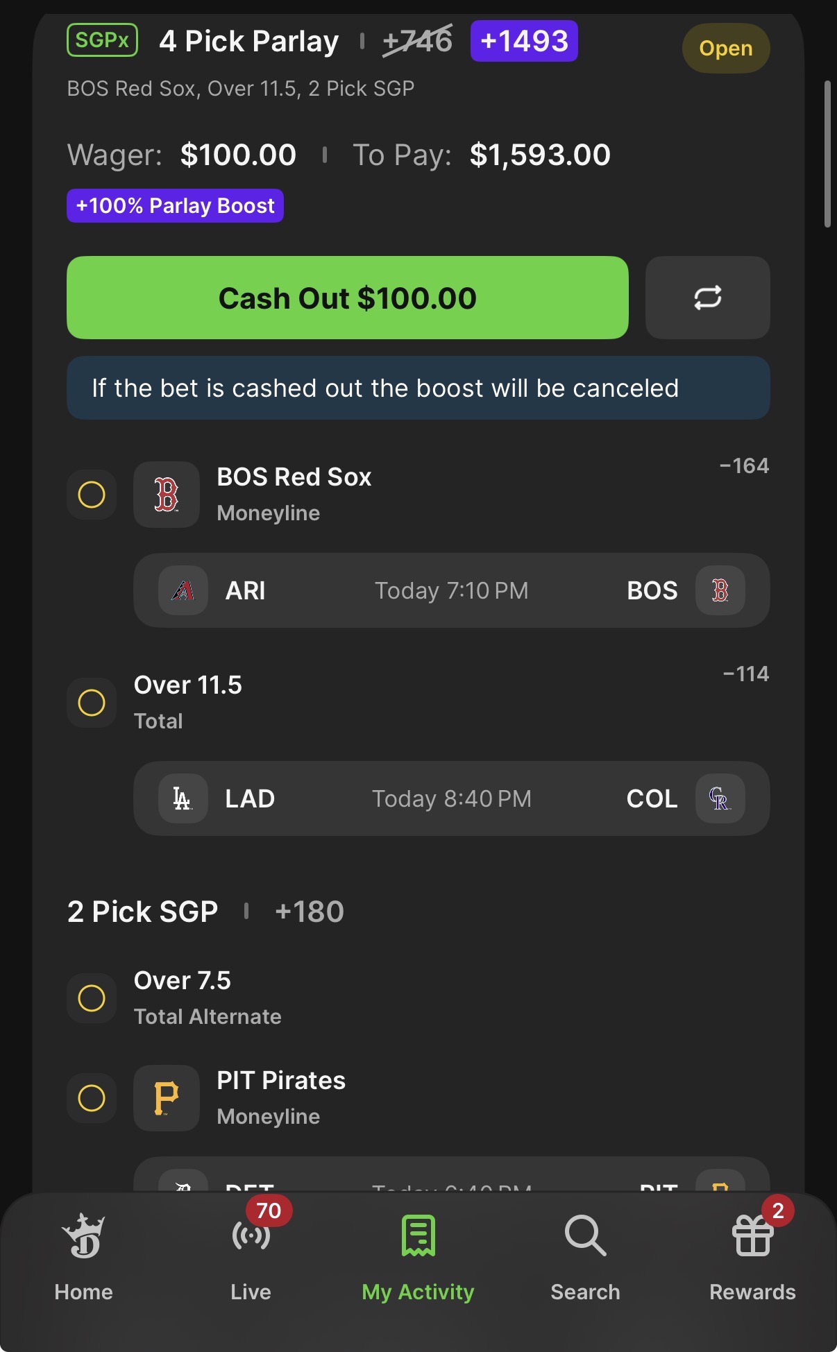 DraftKings MLB SGPX parlay boost. - Pittsburgh Pirates ML - Detroit Tigers @ Pit
