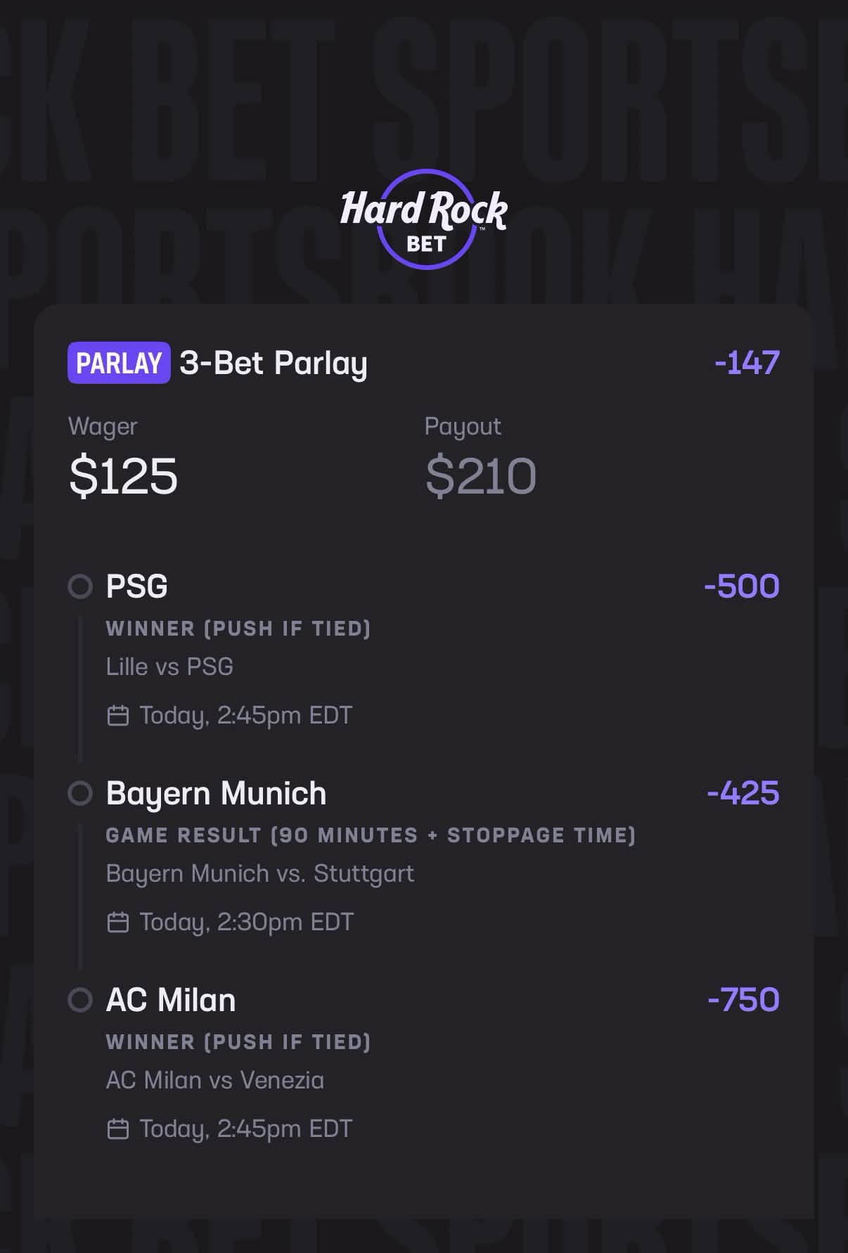 SOCCER PARLAY 8/28/26 (-147) PSG Draw No Bet (France Ligue 1) Bayern Munich Mone