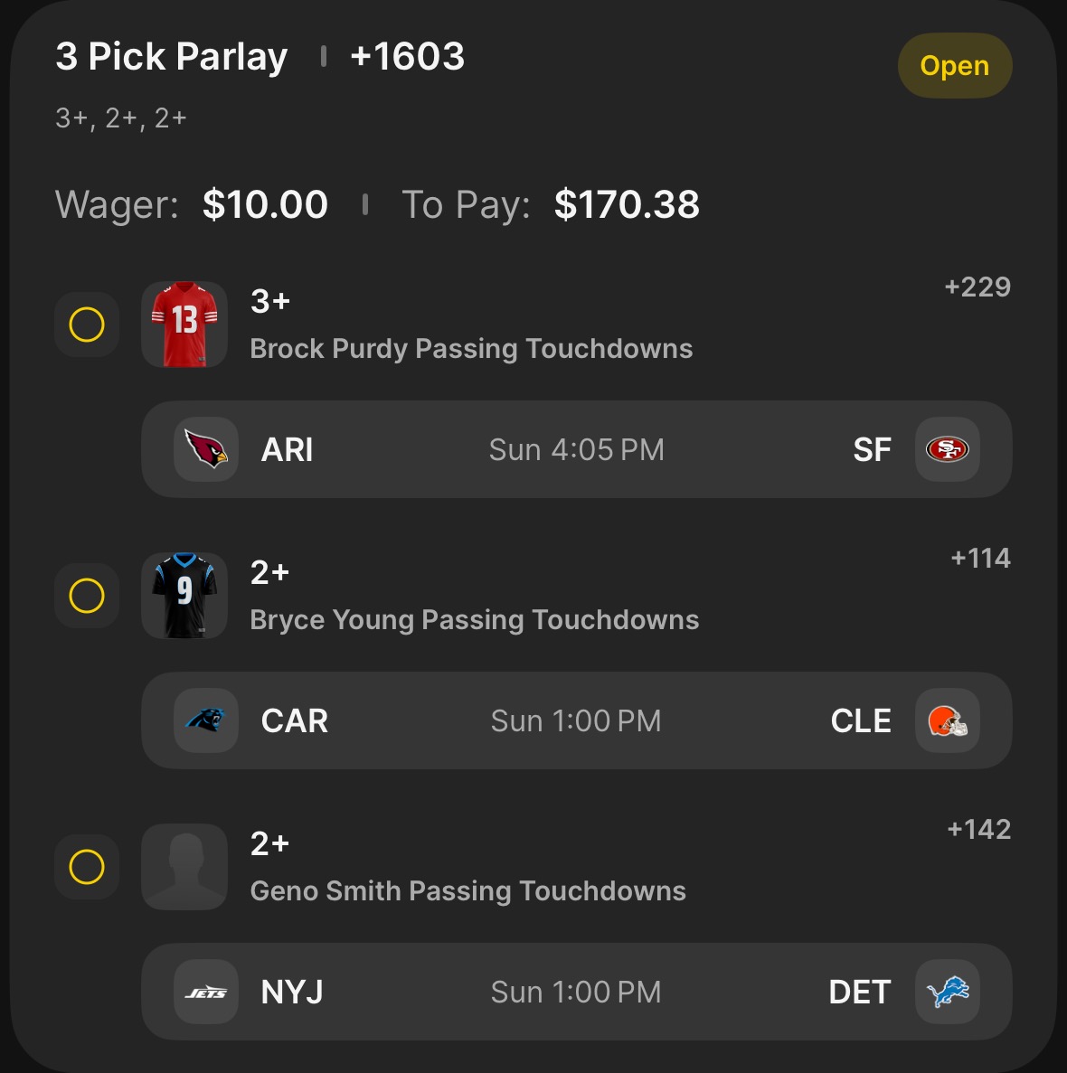 Passing TD parlay for this week.