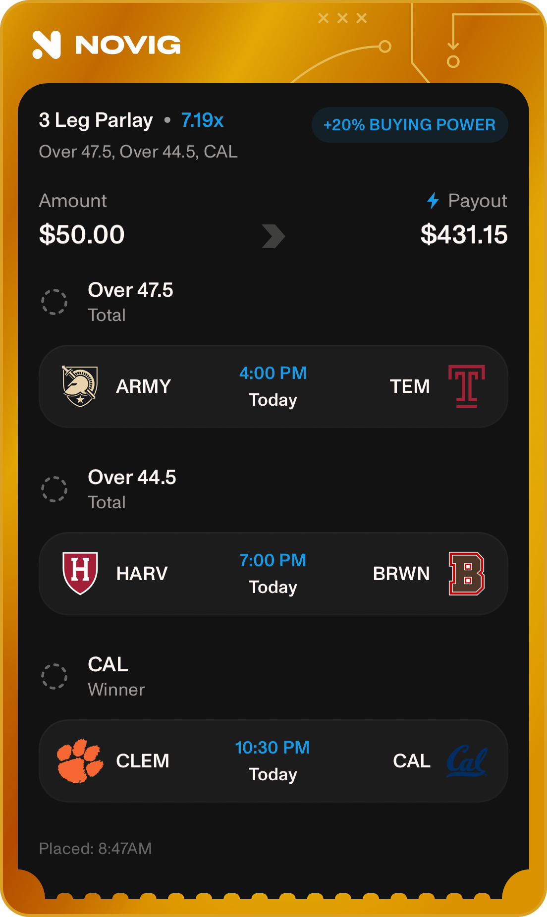 College football parlay boost over on Novig. Has to be for games today (Friday).