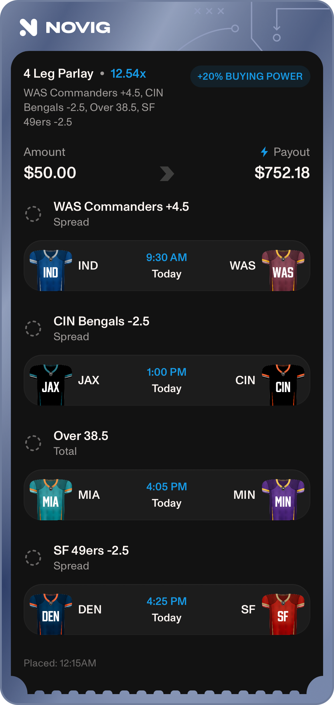 NFL parlay boost on Novig.