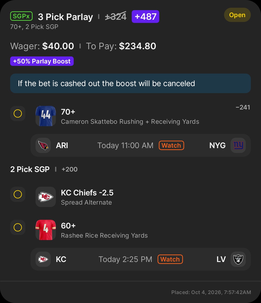 🏈 .8u - DraftKings 50% Parlay Boost ⚡ 3-leg +300 min (+324 boosted to +487) - Ch